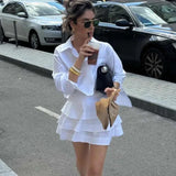 Purpdrank  Elegant Chic Office Lady Loose Pocket Shirt Top Cake Layered Ball Skirt Set Summer Outfits New Women Skirt Two Piece Set