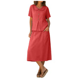 Purpdrank  Women Summer Skirts Two Piece Set Peter Pan Collar Short Sleeve Top And Midi Skirt With Pockets Cotton Linen Matching Sets