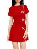 Purpdrank  New Women's Short Sleeve Slim Short Dress with Bow Decoration Solid Color Mini Dress Casual Daily Dress