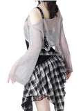 Purpdrank  2000s Aesthetic Elegant Women 2 Piece Set Y2k Gothic Irregular Design Tops + Plaid Skirt Female Korea Style Retro Chic Outfits