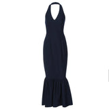 Purpdrank  Elegant Navy Blue Halter Mermaid Long Dress Women Sexy Deep V Front Sleeveless Backless Slim Bodycon Evening Party Gown