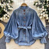 Purpdrank  Spring New Retro Women's Long Sleeve Shirts Casual Stand Collar Lantern Sleeve Single Breasted Lace Up Waist Closed Denim Blouse