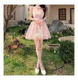 Purpdrank  Summer New Style Korean Version Slimming Pink Rose Print Hanging Neck Dress Short Princess Skirt No Sleeve High Waist