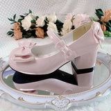 Purpdrank  Lolita Style Cute Round Head  Jane Pumps With Bow Women's Sweet Party Dress Midi Heels Shoes Fashion PU Sandals