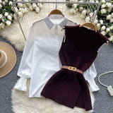 Purpdrank  Autumn Vintage Beaded Design Slit Knitted Vest Sweaters+Long Sleeve White Shirts Women Fashion Commute Two Piece Set