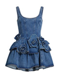Purpdrank  Summer Fashion Sweet 3d Floral Denim Mini Dress Vintage A Line Sleeveless Backless Sling Dress 2025 New Lady Street Clothing