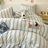 Purpdrank  Cute Cartoon Embroidery Stripe Bedding Set Washed Cotton Soft Four Piece Sets Pillowcase Duvet Cover Set 200x230cm Home Textiles