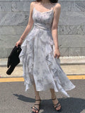 Purpdrank  Women Floral Spaghetti Strap Dress Elastic Ruched Sexy Hollow Backless Party Dress Summer Boho Vacation Beach Sundress