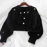 Purpdrank  Women Knitted Cute Fashion Loose Sweater Spring Autumn V-Neck Lantern Sleeve Embroidery Floral Harajuku Female Cardigan