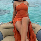 Purpdrank   Simple Ruffle Edge Slim Fit Beach Dress Ladies Sexy Hollow Out Sleeveless Long Dress Casual Sloping Collar Camisole Summer Dress