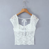 Purpdrank  Sexy White See Through Lace Bra Chest Tank Tops Women Short Sleeve Perspective Hollow Out Push up Back Crop Tank Girl Tee
