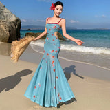 Purpdrank  Nile Garden Beach Vacation Lace Strap Dress for Women Summer Waist Slimming Bodycon Long Dress