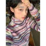 Purpdrank  French Style Pull Femme Sweaters Contrasting Rainbow High Neck Striped Sweater Women Autumn Pullover Knitted Top