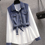 Purpdrank - Korean High Quality Denim Spliced Cotton Linen Single Breasted Women Shirt Mid-length Turn-down Collar Lace-up Bow Autumn Winter