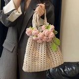 Purpdrank  Rose Crochet Handbag Spring Cute Knitted Shoulder Bag Romantic Designer Floral Hollowed Out Ladies Shoulder Bag Armpit Bag