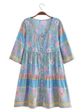 Purpdrank  BOHO V neck Flower Print Single-Breasted Buttons Mini Dress Woman Spliced Ruched Pleated Short Sleeve Loose Robe Holiday