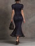 Purpdrank  Women's Striped Mermaid Maxi Dress Lapel Collar Short Sleeve Button Slim Fit High Waist Ruffle Elegant Office Party Long Dresses