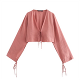 Purpdrank  Spring New Women's Fashion temperament casual versatile bow decoration hanging short shirt