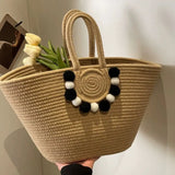 Purpdrank  Portable Straw Woven Tote Bag Handmade Large Capacity Shoulder Bags Hollow Out Button Braided Underarm Bag Women