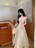 Purpdrank  Summer Floral Printed Long Dress Women Patchwork Lace Chiffon Fairy Dress Casual Gold Stamping Bow Tie Suspender Dress