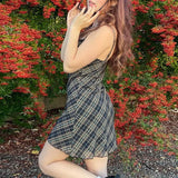 Purpdrank  French style Summer New style Women's Short skirt Sweet Fresh Plaid Suspenders Sexy Lace Mesh Patchwork A-line Dresses