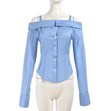 Purpdrank  Sexy Off Shoulder Straps Striped Women Shirts 2025 Summer Fashion Button Up Long Sleeve Irregular Office Shirt Female Y2K Tops