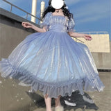 Blue Puff Sleeve Dress Vintage Skirt Fairy Lady Super Mori Style