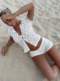 Purpdrank  Sexy Hollow Out 2 Pieces Set For Woman Casual Single-breasted Short Sleeve Top Mini Skirt Summer Holiday Knitted Lady Suit 2025