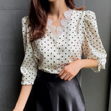 Purpdrank  Polka Dots Women's Blouse Spring Elegant Lace Patchwork Long Sleeve Single Breasted Korean Blouses Female