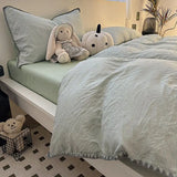 Purpdrank  Ins Style Solid Color Stripes Mix and Princess Style Quilt Cover Four-piece Bedding Set Washed Cotton Shell Edge Duvet Cover Set