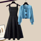 Purpdrank - 2023 Autumn Winter New Fashion Knit Sweater Top+Black Dress Two Piece Set Women's Korean Elegant Cardigan Blouse Midi Skirt Suit