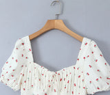 Purpdrank  Retro French Style Fruit Cherry Print Midi Long Dress Puff Sleeve Chest Ruched Bow Square Collar Hem Slit Swing Robe Fairy