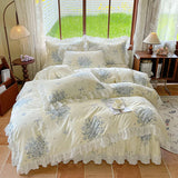 Purpdrank  100% Cotton Korean princess style Floral Lace Ruffles Bedding Set Duvet Cover Set Quilted Bed Skirt Fitted Sheet Pillowcases