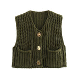 Purpdrank  Button Casual Retro Cropped Sweater Vest Women 2025 Summer Fall Fashion V-Neck Sleeveless Coarse Yarn Knitted Tops Female Jumper