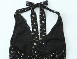 Purpdrank  Sexy Black Floral Print Spliced Lace Bow Halter V Collar Backless Mini Dress Women Elastic Zipper Back A-line Short Robe Holiday