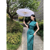Purpdrank  Vintage Peacock Blue Green Sleeveless Dress Qipao New Chinese Style Printed Long Elegant Floral Print Cheongsam Slim Morden