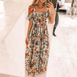 Purpdrank  Summer Beach Dress Women Casual Short Sleeve Square Collar Elastic Waist High Waist Bohemian Floral Print Maxi Dress Plus Size