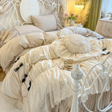 Purpdrank  100% Cotton Vintage French Pleated Lace Ruffles Bow Princess Bedding Set Duvet Cover Set Bed Skirt Bedspread Pillowcases