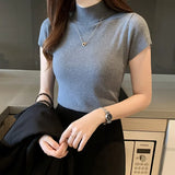Purpdrank Summer Half Turtleneck Slim Knitted T-shirt Women Elegant Solid Short Sleeve Casual Versatile Pullover Tops Casual Skinny Tops