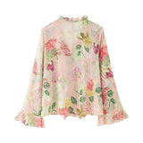 Purpdrank  Fashion Semi Sheer Floral Print Wood ears Ruffles V neck Pullover Shirt Women Full Flare Sleeve Loose Chiffon Blouses Tops