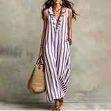 Purpdrank  Boho Striped Print Loose Maxi Dress Women Summer Fashion Sleeveless V-neck Long Dresses Elegant