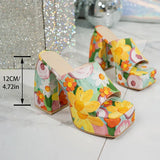 Purpdrank  Fashion Flower Print Chunky Heel Sandals Women Outdoor Party Super High Heels Slippers Woman Square Toe Platform Sandles 36-42