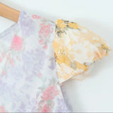 Purpdrank  Retro French style Contrast Color Flower Print V neck Mini Dress Sexy Short Flying Sleeve Ruffles Hem Slim Waist Robe