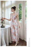 Purpdrank  Elegant Floral Print Sleeveless Maxi Dress Cut-out Waist Design Party Sexy  Backless Straps Colorful Halter Evening Long Dresses