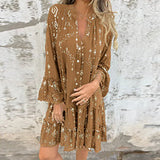 Purpdrank  Gold Bronzing Geometry Print Pleated Dresses Women Spring V Neck Button Hollow A-Line Dress Autumn Flare Sleeve Lace Party Dress