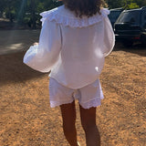 Purpdrank  Women Ruffles Set Long Puff Sleeve Babydoll Blouse Shirt Coquette Eyelet Shorts Set 2 Piece Outfit 90s Vintage Y2k Streetwear