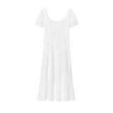 Purpdrank  Women White Bow V neck Spliced Lace High Waist Midi Dress Woman Retro French style Short Puff Sleeve Dresses Holiday Robe