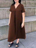 Purpdrank  Summer Fashion Elegant Women's Dress V-neck Cotton Linen Solid Color Pleated Short Sleeve Casual Pocket Split Long Dress