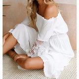 Purpdrank  Summer Sundress Long Women White Beach Strapless Long Sleeve Loose Sexy Off Shoulder Lace Boho Cotton Maxi Dress