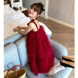 Purpdrank  Sweet Layered Red Fluffy Dress Women's 2025 Summer Girlish Dress with Suspenders
